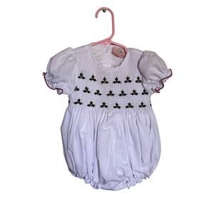 Smockingbird Christmas White Smocked Holly Bubble Romper Dress Size 6 months